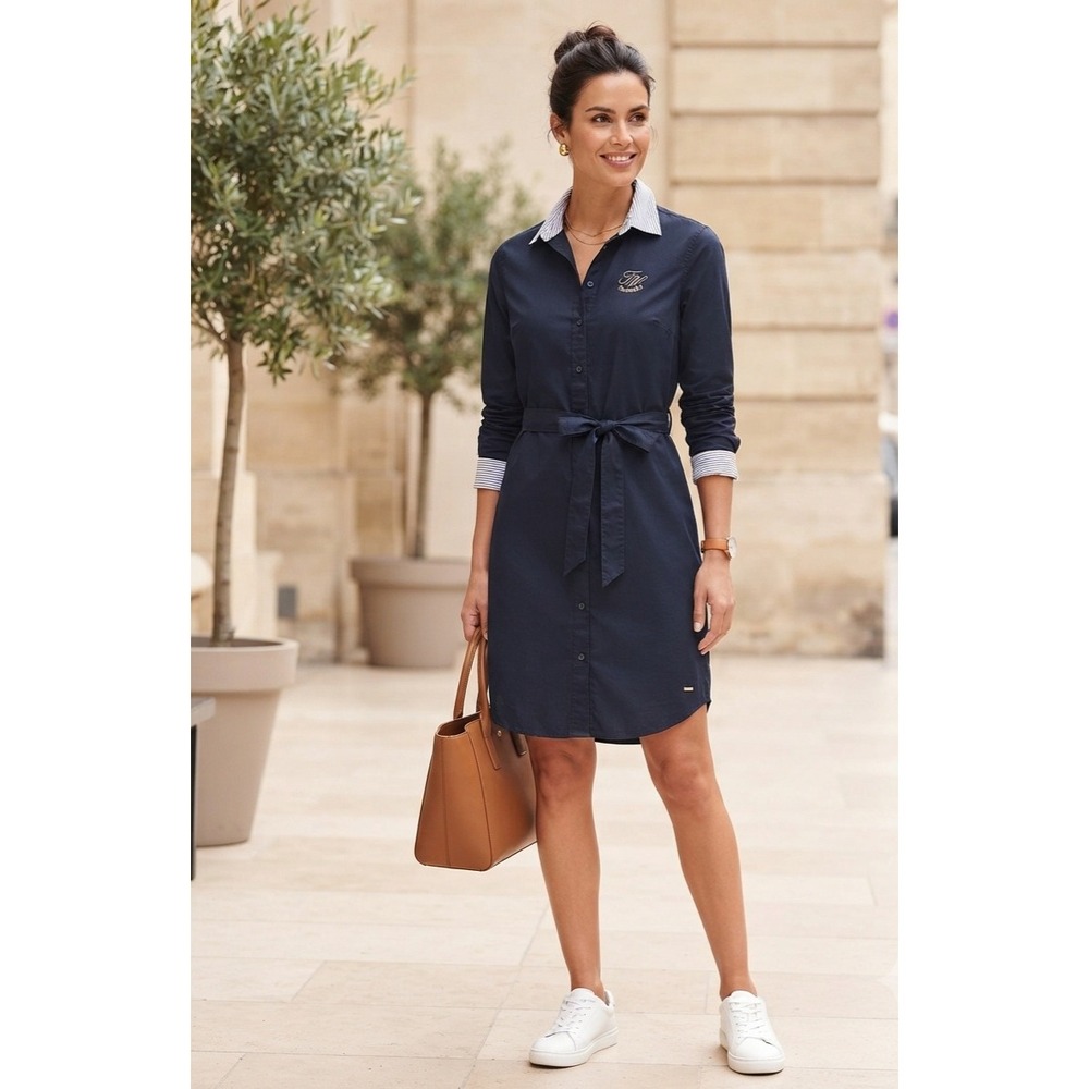 Tommy Hilfiger Navy Blue Crest Button Down Shirt Dress XS Striped Trim Belted